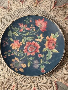 Blue Floral Decorative Ceramic Plate with Pink & Peach Blooms